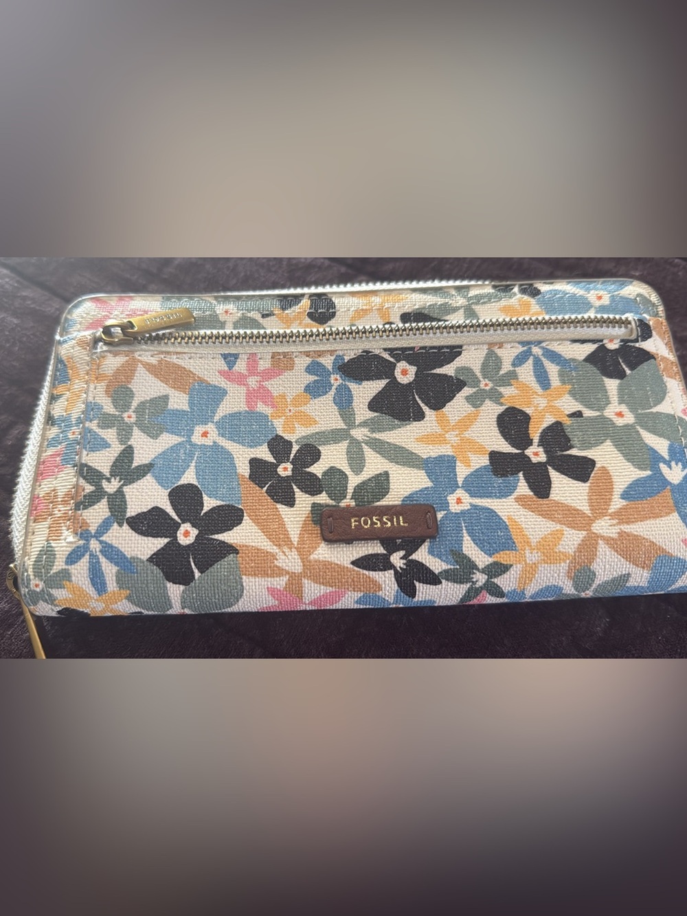 Fossil Floral Zip-Around Wallet in Blue, Black, Tan, Yellow